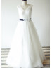 Ivory Pleated Tulle Lace Long Wedding Dress With Flower Sash